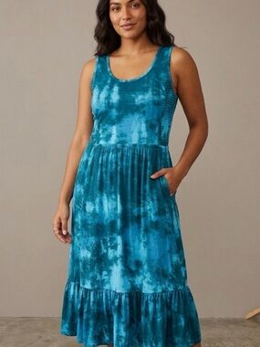 J Jason Wu Tie Dye Smocked Sleeveless Midi Dress M Teal Blue Pockets Ruffle Hem